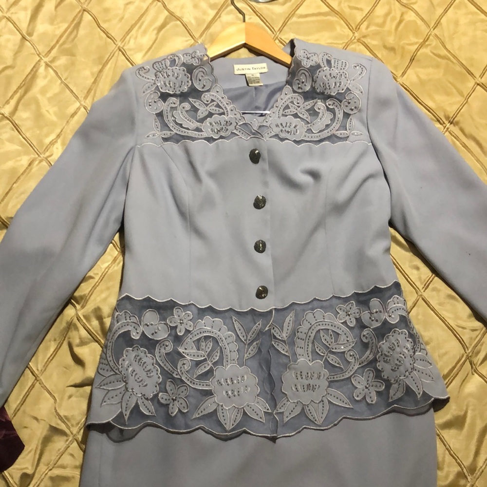 Justin Taylor baby blue skirt suit
